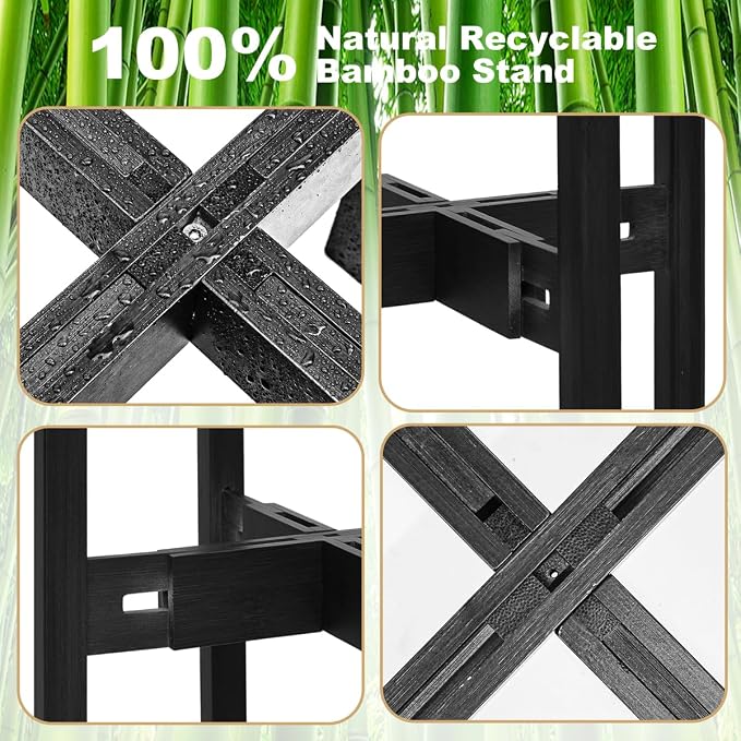 Rnined Adjustable Plant Stand Indoor,Bamboo Mid Century Modern Plants Stands, Stable Plant Holder,Fit 8 9 10 11 12 inch Pots (Pot & Plant Not Included)(Black)