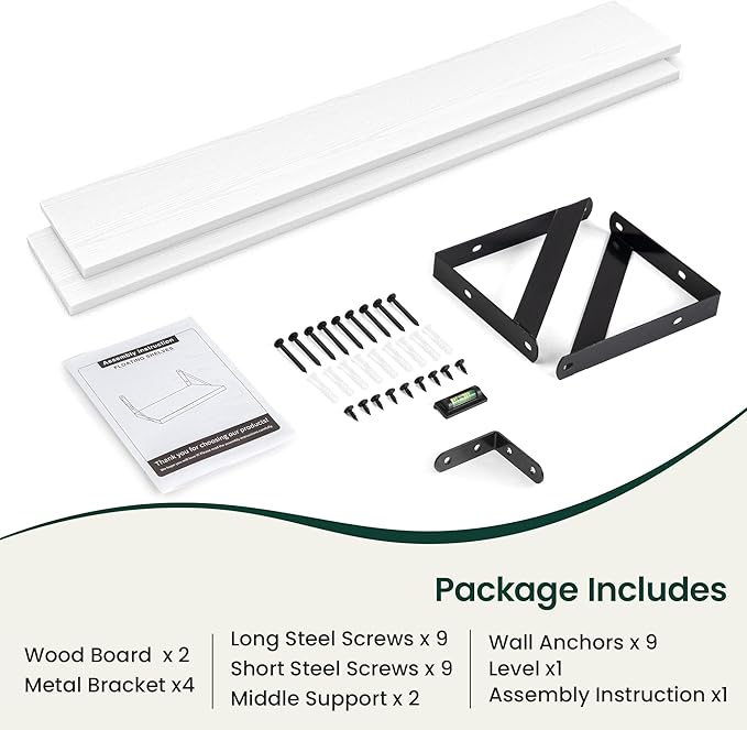 Floating Shelves, 8 Inch Deep Rustic Wood Wall Storage, 48W x 8D Wall Shelves Set of 2, Heavy Duty Metal Brackets, Industrial Book Shelf for Living Room, Kitchen, Bathroom, Bedroom, White