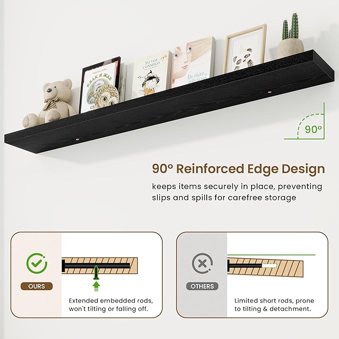 72in Floating Shelves for Wall, 72"W x 9.25"D x 1.5"H, Long Wall Mounted Engineered Wood Shelves with Invisible Brackets for Living Room, Bedroom, Bathroom, Kitchen Decor and Storage, Black