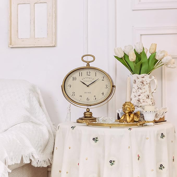 NIKKY HOME Antique Table Clock, Gold Retro Desk Clock with Silent-Non-Ticking Battery Operated Rustic Desk Clock for Living Room, Tabletop, Countertop