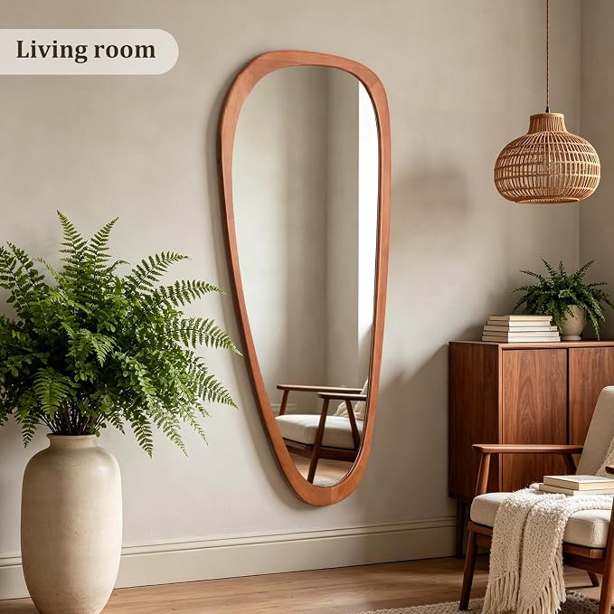HOMECOOKIN 48" H x 22" W Asymmetrical Mirror, Irregular Wooden Wall Mirror for Bedroom, Living Room,Entryway– Boho Mid-Century Modern Decorative Mirror, Solid Wood Frame, Pebble Shaped Design (Walnut)