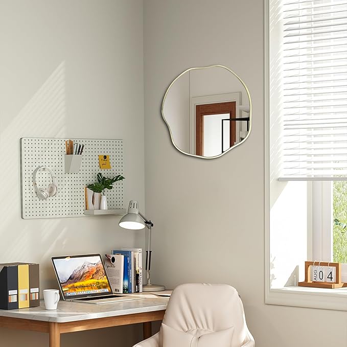 POZINO Irregular Shaped Mirror, 16" Asymmetrical Mirror, Gold Scalloped Rounded Mirrors, Modern Frameless Abstract Mirrors for Living Room Bedroom Bathroom Entryway Fireplace Hallway