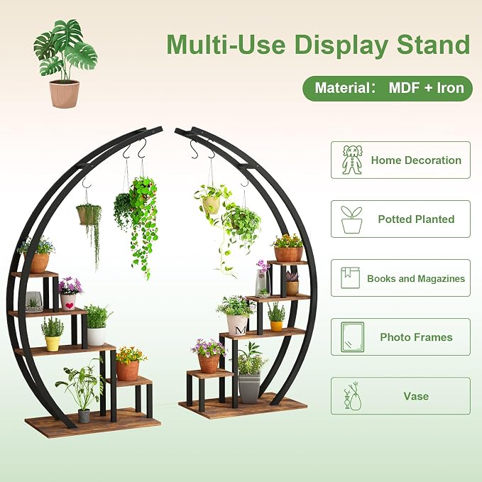 GarveeLife Plant Stand Indoor 5 Tier Tall, Metal Half Moon Plant Shelf 2 Pack, Stylish Tiered Flower Rack for Multiple Plants Display, Tall and Space-Saving Design