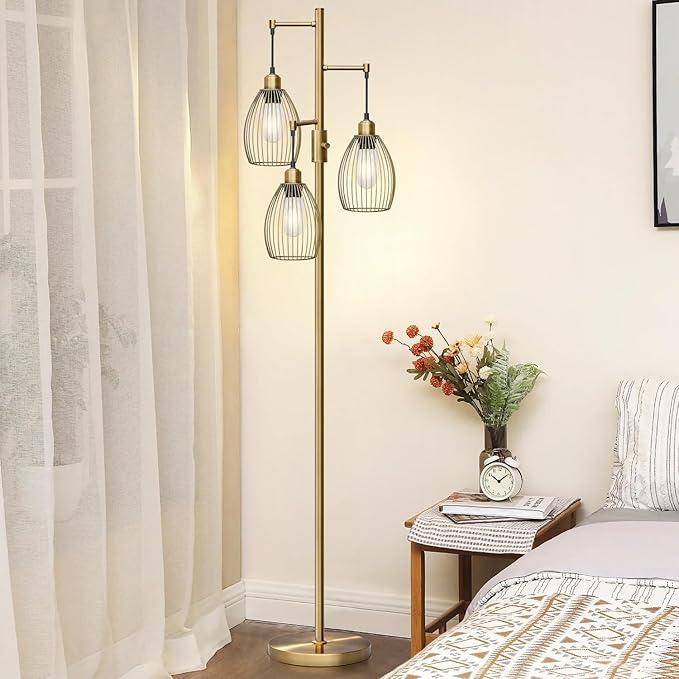 Dimmable Floor Lamp, 3 x 800LM LED Edison Bulbs Included, Farmhouse Industrial Floor Lamp Standing Tree Lamp with Elegant Teardrop Cage Tall Lamps for Living Room Bedroom Office Dining Room-Brass