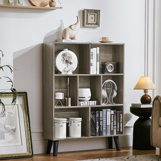 LEYAOYAO Cube Bookshelf 3 Tier Mid-Century Retro Grey Modern Bookcase with Legs,Retro Wood Bookshelves Storage Organizer Shelf,Freestanding Open Book Shelves for Bedroom,Living Room,Office