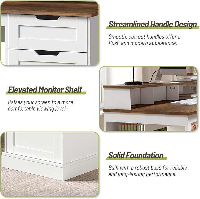 55-inch Farmhouse Executive Desk with 2 Drawers and File Cabinet, Computer Desk with 3-Tier Storage Shelves, Home Office Desk with Charging Station, Pegboard & Monitor Shelf, White and Walnut