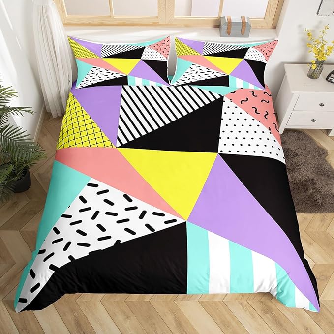 Memphis Duvet Cover Set King Size, Geometric Triangle Pattern Comforter Cover with 2 Pillowcases, Retro 80s 90s Fashion Style Bedding Set for Kids Boys Girls Lightweight Bedspread Cover,No Comforter