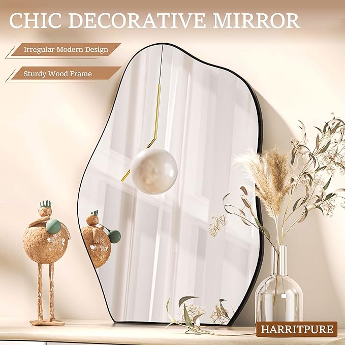 HARRITPURE Irregular Bathroom Mirror 20"x28" Black Modern Wall Mirror Wood Framed Asymmetrical Decorative Mirrors for Bedroom Living Room Entryway