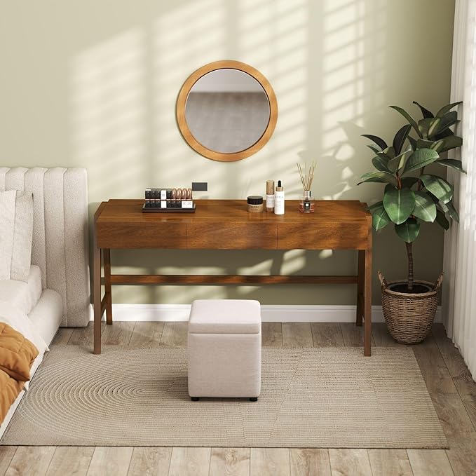 Wood Desk with Drawers Walnut Home Office Desk Mid Century Modern Writing Table for Bedroom Vanity Living Room Study Workstation