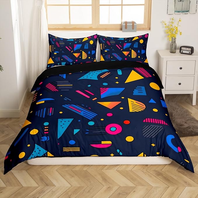 Memphis Geometric Pattern Comforter Cover Set King Size,Retro Style Round Half Moon Triangle Shapes Artwork Duvet Cover Colorful Graphic 80s 90S Style Bedding Set Abstract 1990S Memphis Home Decor