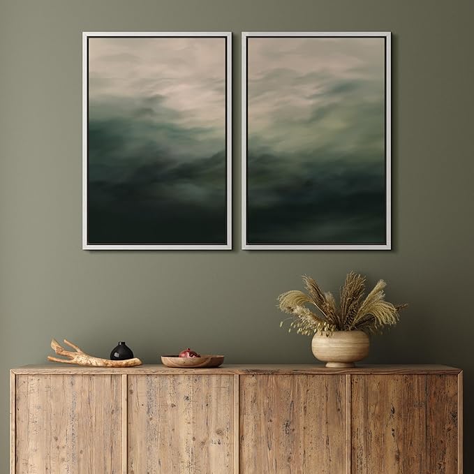 MUDECOR Framed Canvas Print Wall Art Dark Green Abstract Misty Landscape Moody Illustrations Modern Art Decorative Chic for Living Room, Bedroom, Office - 24"x36"x2 White