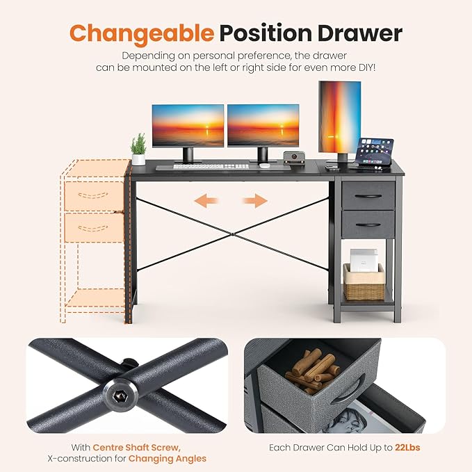 Sweetcrispy 47 Inch Computer Desk with Drawers for Home Office Writing Desk X Shaped Reinforcement Wood Surface Adjustable Position Modern Study Work Side Hook Metal Frame Storage Station Black