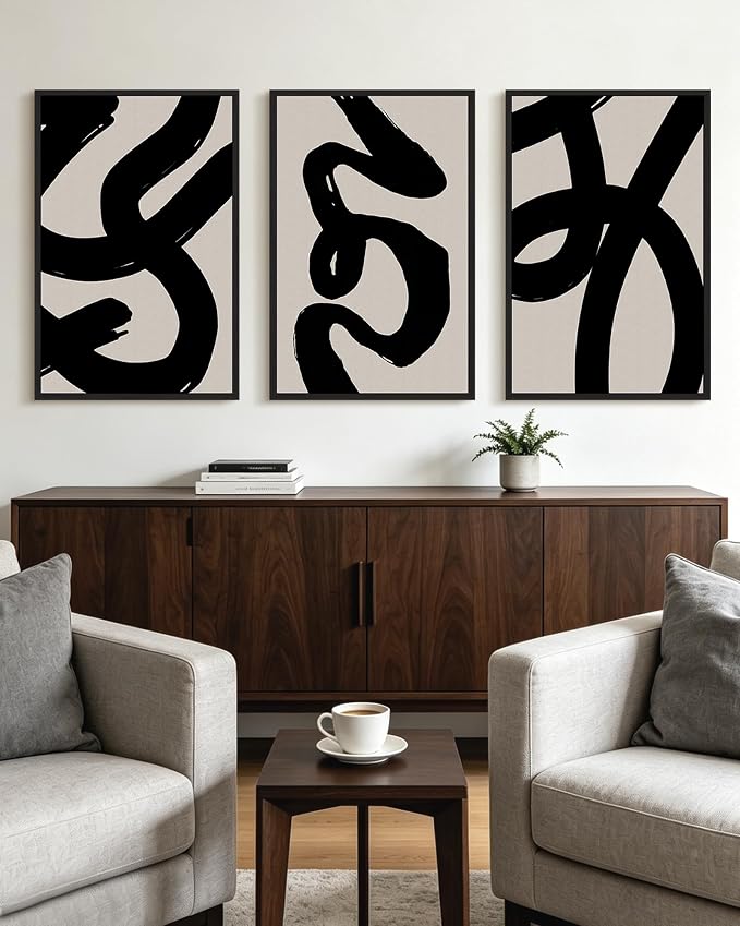 KUVIOKE Black Abstract Framed Wall Art Ink Wash Minimalist Lines Canvas Painting Artwork for Bedroom Hallway 24x36in (Black Framed)