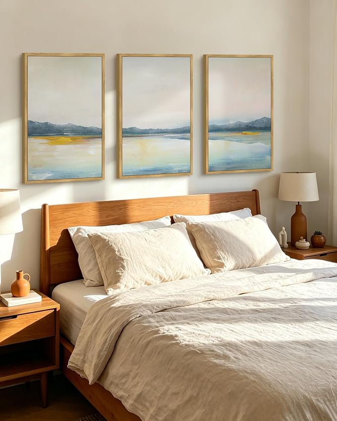 KUVIOKE Abstract Landscape Framed Wall Art Minimalist Neutral Illustrations Modern Art Decorative Nordic Home Decor 24x36in (Natural Framed)