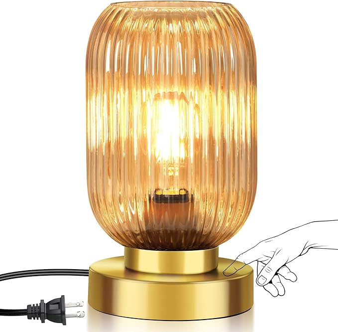 Mid Century Modern Table Lamp with Amber Ribbed Glass Shade,Touch Control & 3 Way Dimmable,Small Gold, Vintage Bedside Lamp for Bedroom, Living Room,Office (Bulb Included)