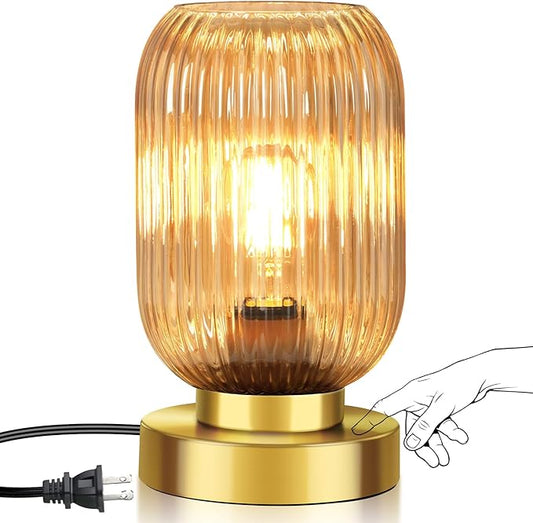 Mid Century Modern Table Lamp with Amber Ribbed Glass Shade,Touch Control & 3 Way Dimmable,Small Gold, Vintage Bedside Lamp for Bedroom, Living Room,Office (Bulb Included)