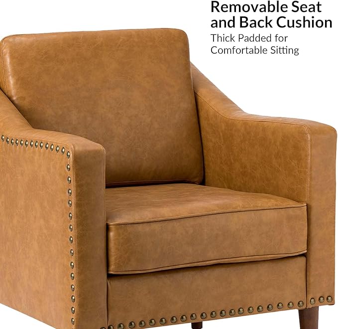 HULALA HOME Faux Leather Accent Armchairs Set of 2 with Back & Seat Cushions, Traditional Club Chairs with Nailhead Trim, Comfy Upholstered Sofa Chairs for Living Room Bedroom, Camel