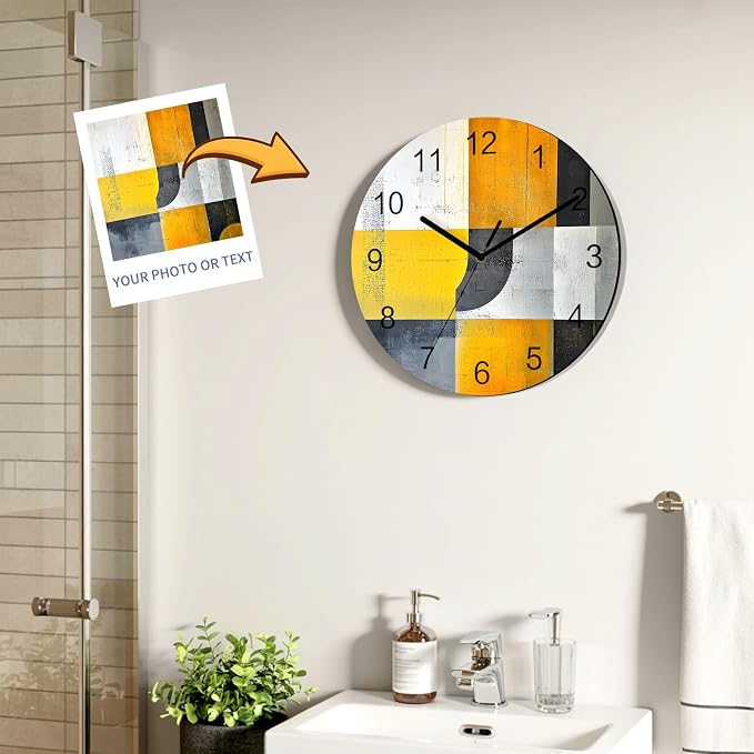 Abstract Style Wall Clock Battery Operated Non-Ticking 10" Round Wood Clocks, Gary Yellow Color Block Oil Painting Kitchen Wall Clock for School Bathroom Living Room Home Office Wall Decor