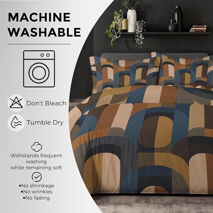 Mid Century Modern Duvet Cover Oversized King Size, Retro Geometric Bedding Set 3 pcs with 2 Pillow Covers, Abstract Boho Bedroom Decor, Soft Microfiber Reversible, Zipper & Ties KJJT 109