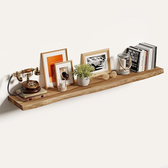 Vivelove Live Edge Floating Shelves Solid Wood, Elm Shelves for Wall with Invisible Bracket for Living Room Bedroom Bathroom Office Book, Rustic Farmhouse Wooden Shelf, 55 Inch Set of 1- Natural