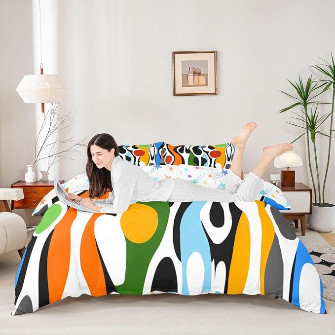 Erosebridal Organic Geometric Duvet Cover Set Modern Abstract Queen Bedding Set for Young Boys Retro Mid Century Comforter Cover Modern Fluid Art Irregular Circles Bed Sets,Multicolor Rainbow