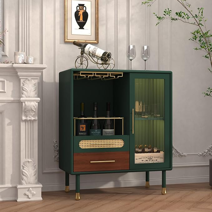 ARTPOWER Modern Coffee Bar Cabinet with Wine Glass Rack and Drawers, Green Liquor Cabinet with Pull-Out Wine Storage for Kitchen, Dining Room, Living Room | Wine Glass Rack, Drawers