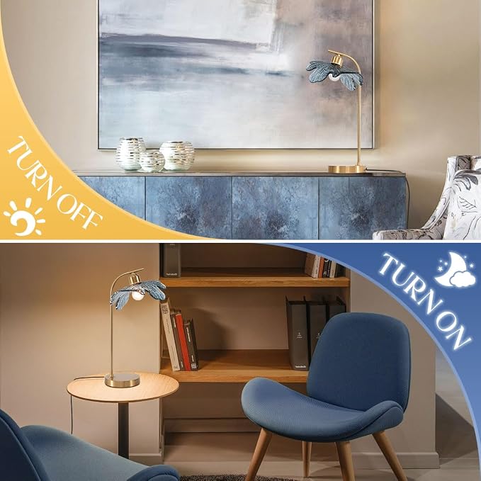 Gold Touch Table Lamps with Blue Glass Shade Flower Desk Lamp Mid Century Modern Bedside nightstand lamp Side Small Table Lamps for Bedroom Bookcase Living Room Office