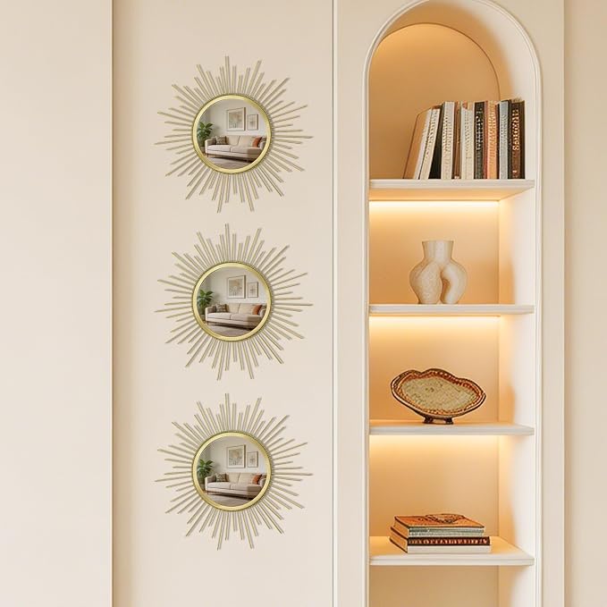 3 Set Sunburst Mirrors for Wall Decor Living Room Bedroom Bathroom Dining Room Metal Boho Sunburst Wall Mirror Set Gold Metal Vintage Circle Art Pack - Gold 11.8 in