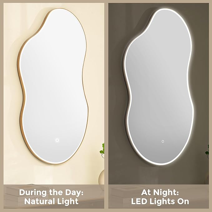 SHYFOY 43” x 23” Irregular Cloud-Shaped LED Wall Mirror, Modern Asymmetrical Silver Wall Mirror with Backlit Light for Bedroom, Living Room, Bathroom, Entryway