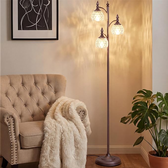 JUNNAI Brown Floor Lamps for Living Room 66.5in Vintage Standing Lamp with Glass Shade 3 Way Brightness Lights Mid Century Modern Pole Lights Corner Lamp for Bedroom Office(Bulbs Included)
