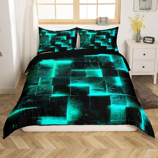 Black Teal Abstract Comforter Cover Gradient Square Bed Set, Grid Queen Duvet Cover Neon Checkered Bedding Set Queen, Glowing Plaid Bedspread Cover Modern Room Decor 3pcs (Black Reversible)