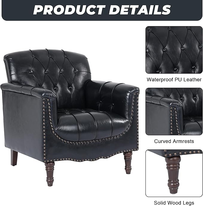 Lumibee Faux Leather Accent Chairs Set of 4, Upholstered Armchairs with Nailhead Trims & Wood Legs for Living Room, Bedroom, Contemporary Comfy Club Chairs for Office-Blue Black