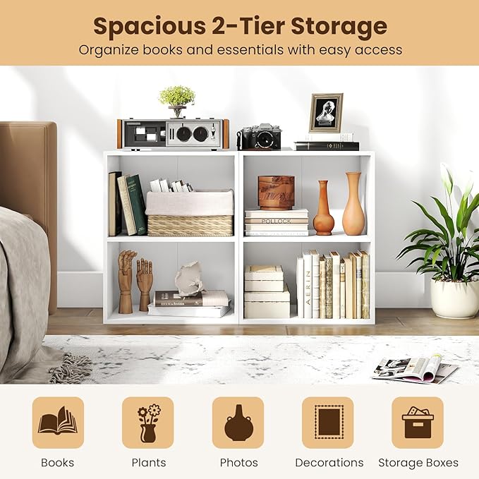 Giantex Bookshelf and Bookcase Set of 2, 2-Layer White Storage Shelf W/Large-Capacity Open Storage Space for Living Room Bedroom Study Office Multi-Functional Furniture Display Cabinet