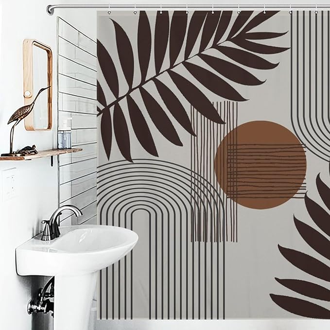 Mid Century Abstract Boho Shower Curtain Geometric Neutral Beige Modern Leaf Plant Semicircle Art Waterproof Shower Curtains for Bathroom Decor 12 Pack Hooks 72x72in (183x183cm)