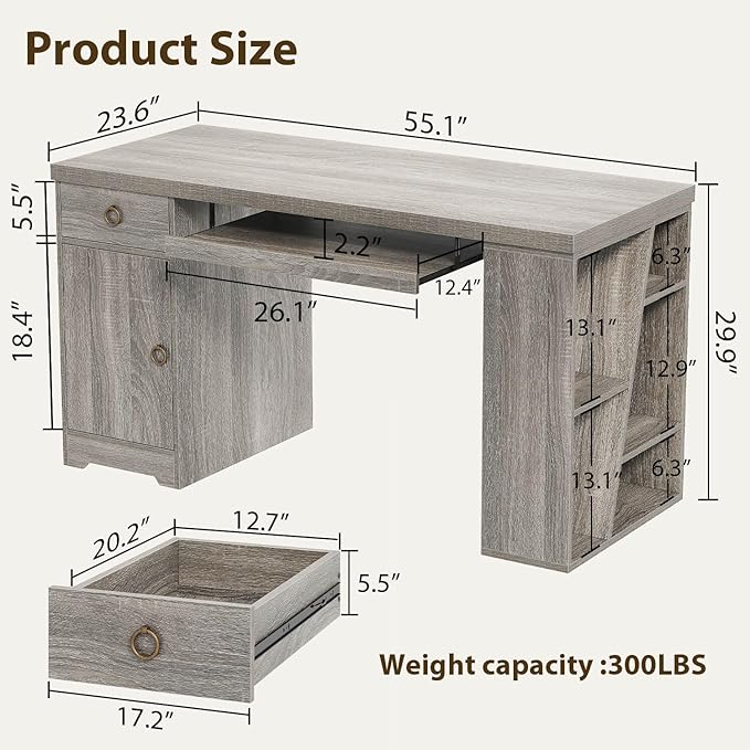 HSH 55" Office Computer Desk with Drawers, Farmhouse Grey Executive Desk with Storage Shelves and Cabinet, Modern Wooden Computer Table Teacher Desks with Keyboard Tray for Home Writing Work Study