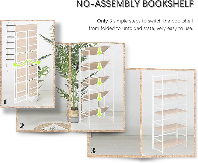 4NM No Assembly 5 Tiers Collapsible Book Shelves, 51.2" H Folding Bookshelf Bookcase Open Industrial Foldable Shelves for Bedroom, Living Room, Home Office - Natural White