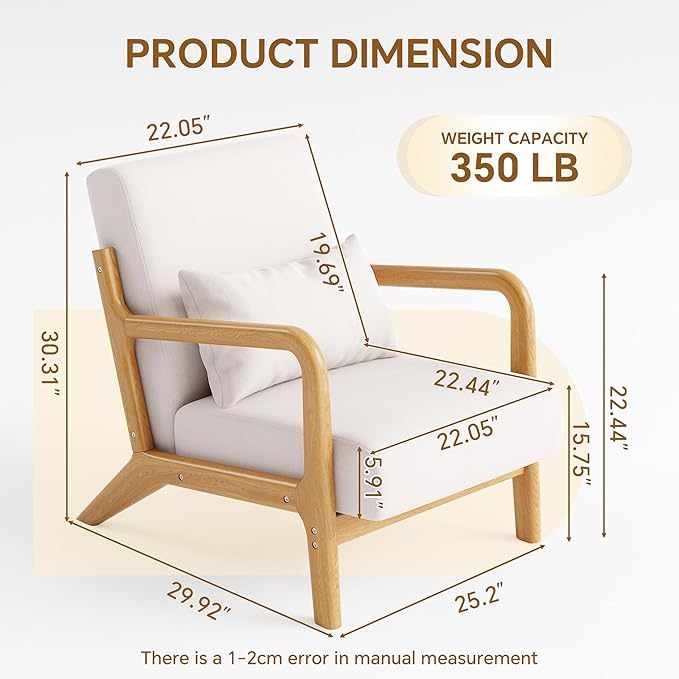 Solid Wood Accent Chair Mid-Century Modern Lounge Armchairs, Fabric Upholstered Soft Comfy Living Room Chairs with Armrest Waist Cushion Pillow for Office Reading Waiting Room (Off-White)