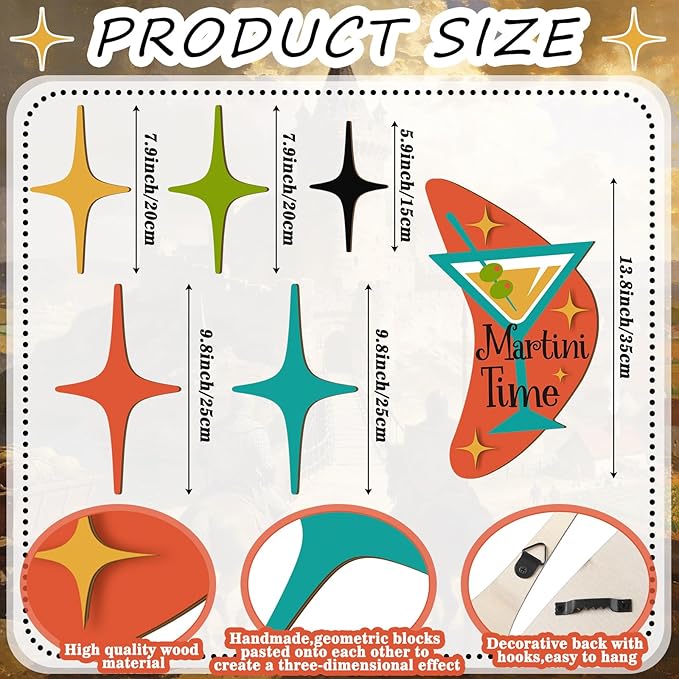 Amyhill 6 Pcs Mid Century Modern Decor Martini Time Mcm Decor Retro Atomic Star Wall Art Sculpture, Wooden Colorful Star Wall Art Elegance Accents for Home Bar Office Room Hanging Decorations