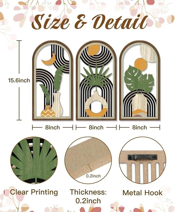 Putuo Decor Boho Wall Art Set of 3, Modern Minimalist Wooden Wall Decor, Flower Vase Abstract Aesthetic Room Decorations, Mid-Century Artwork for Living Room, Bedroom, Office (White, 16×8 in