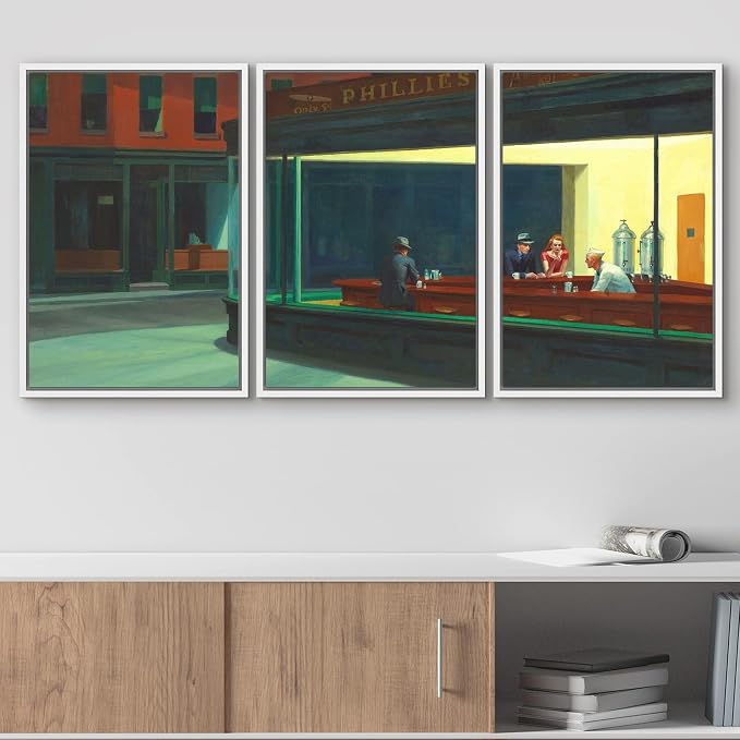 wall26 Framed Canvas Print Wall Art Set Nighthawks by Edward Hopper Cultural Historic Oil Painting Fine Art Reproduction Scenic Colorful for Living Room, Bedroom, Office - 24"x36"x3 White