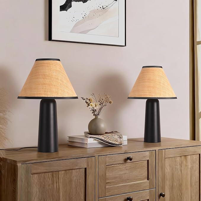 Matte Black Rattan Table Lamp for Bedroom, Modern Wicker Lamps for Bedside Nightstand, Small Table Rattan Shape Lamps for Small Spaces for Kitchen Counter, Home Office, Living Room, Kids Dorm