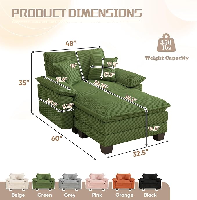 Chaise Lounge Chair Indoor, Oversized Accent Chairs with Ottoman, Luxury Corduroy Upholstered Deep Seat Sleeper Sofa Reading Chairs and A Half with Pillows for Living Room, Bedroom, Apartment, Green