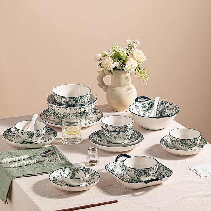 36-Piece Ceramic Dinnerware Set, Service for 6, Vintage Green Rose Floral Plates and Bowls Sets, Microwave & Dishwasher Safe, Porcelain Dinnerware Set for Kitchen & Dining