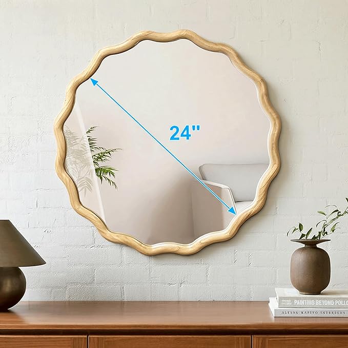 Circle Wood Mirrors for Wall, Wavy Round Bathroom Scalloped Mirror Wooden Frame 24 Inch for Living Room Farmhouse Bedroom Hallway Entryway Living Room with Shatterproof Glass Wall Mounted