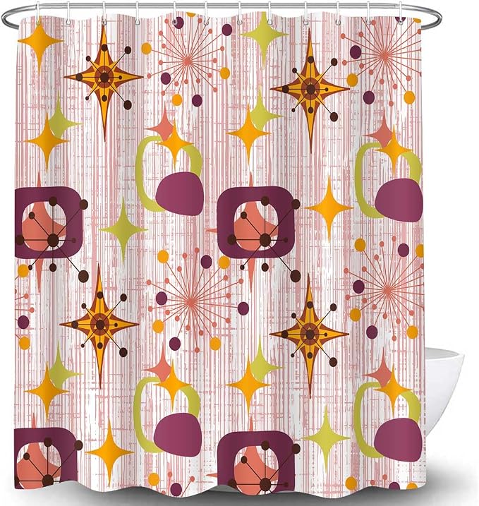 Mid Century Shower Curtain, 60x72inch, Modern Abstract Retro Red Striped Geometric Shower Curtain Sets 1950s Boho Bathroom Shower Curtain with 10 Hooks