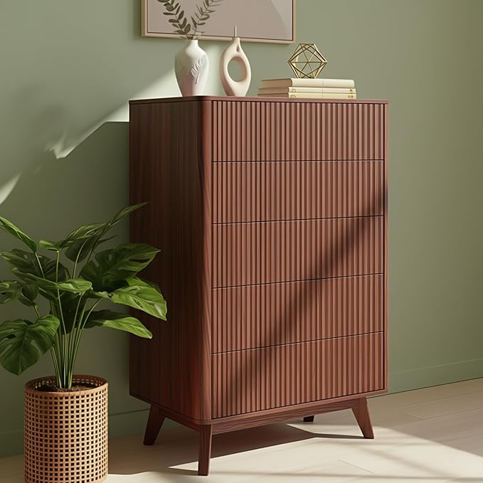 Fluted 5 Drawers Dresser for Bedroom, 47" Tall Handleless Chest of Drawers with Faux Marble Top, Curved Profile, Wooden Drawer Organizer for Living Room, Hallway, Entryway, Walnut