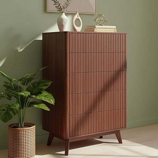 Fluted 5 Drawers Dresser for Bedroom, 47" Tall Handleless Chest of Drawers with Faux Marble Top, Curved Profile, Wooden Drawer Organizer for Living Room, Hallway, Entryway, Walnut