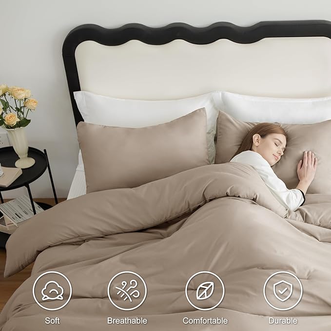CozyLux Queen Comforter Set Khaki, 3 Pieces Lightweight Comforters Queen Size Quilted Bedding Sets, All Season Breathable Solid Down Alternative Comforter with 2 Pillowcases, Bed Set Gift for Home
