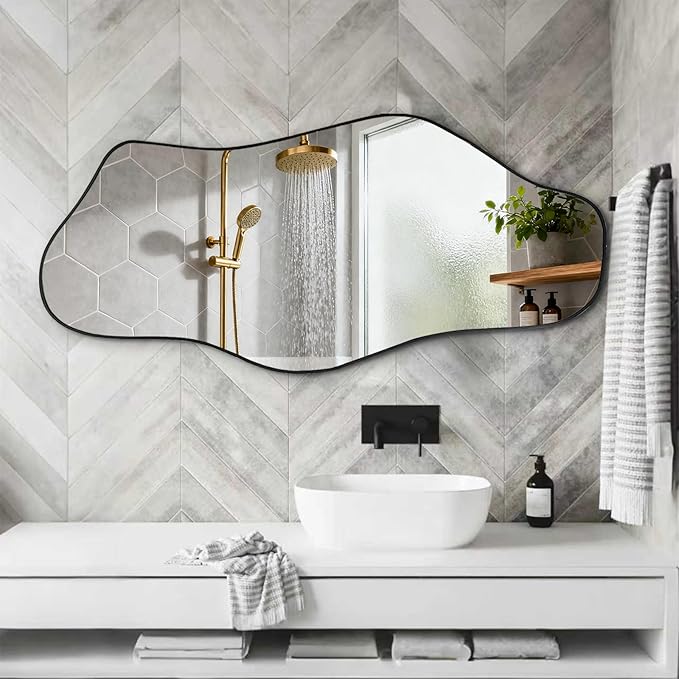 Irregular Wall Mirror, Asymmetrical Frameless Mirrors, 40"x17.7" Bathroom Mirror for Over Sink, Modern Cloud Shaped Mirrors for Living Room Bedroom Hallway Entryway Fireplace