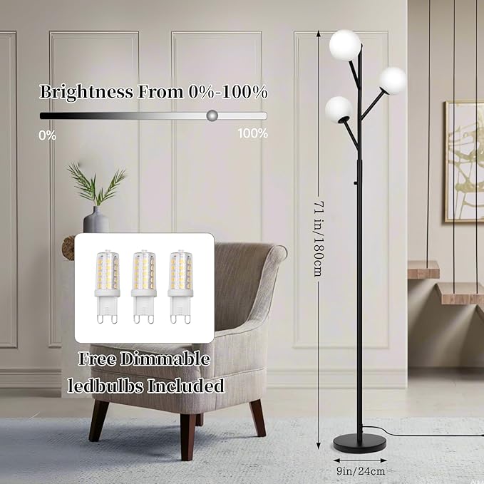 3-Globe Mid Century Black Tree Floor Lamp for Living Room,70in Tall Modern Stepless Dimmable Standing Lamp with Frosted Glass Shade for Office Bedroom, Study Room Bulbs Included(dimmer-Black)